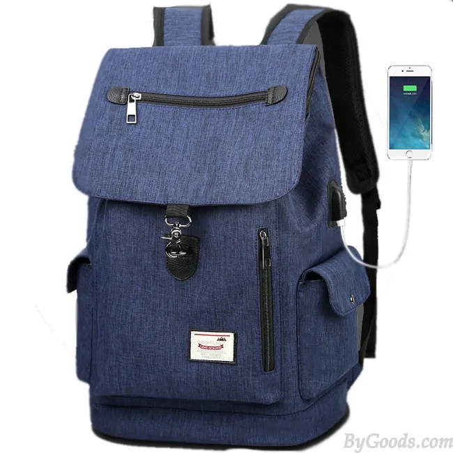 Unique Boy's Canvas Large Capacity Flap School Student Rucksack USB Interface Travel Backpack