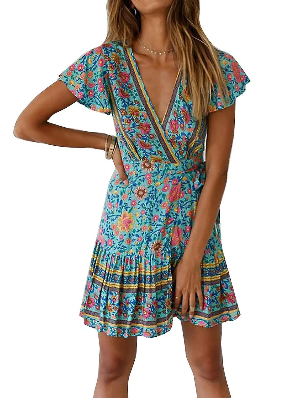 V Cuello Verano Mini Vestido Bohemio Floral Estampado Vestido de Playa Para Fiesta de Vacaciones