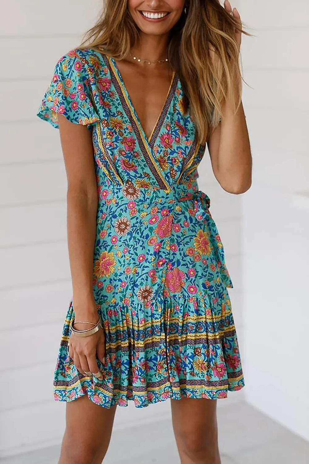 V Cuello Verano Mini Vestido Bohemio Floral Estampado Vestido de Playa Para Fiesta de Vacaciones