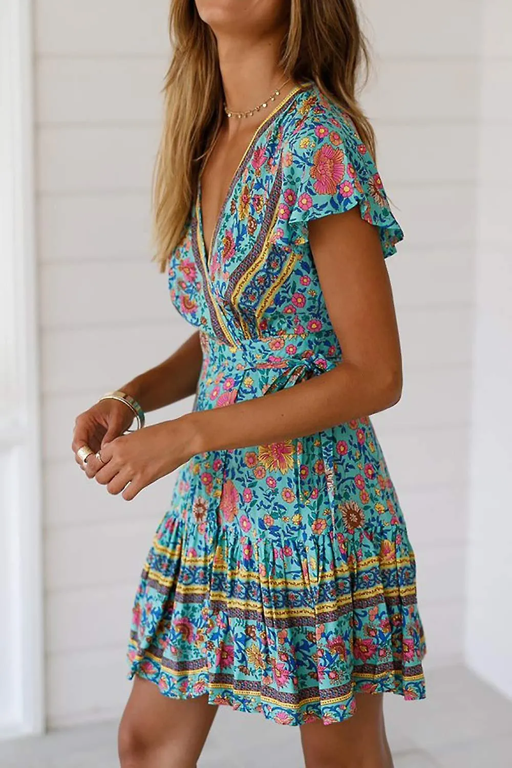 V Cuello Verano Mini Vestido Bohemio Floral Estampado Vestido de Playa Para Fiesta de Vacaciones
