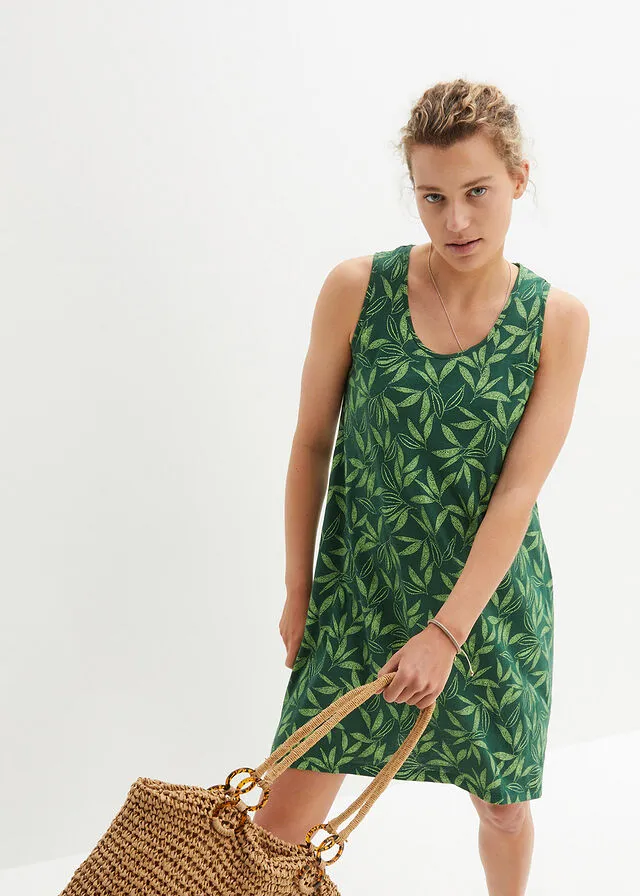 Vestido de algodón de estilo túnica Verde oscuro/verde apio estampado