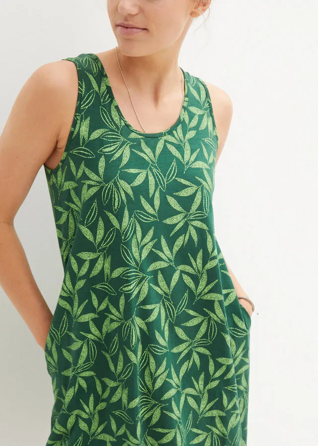 Vestido de algodón de estilo túnica Verde oscuro/verde apio estampado