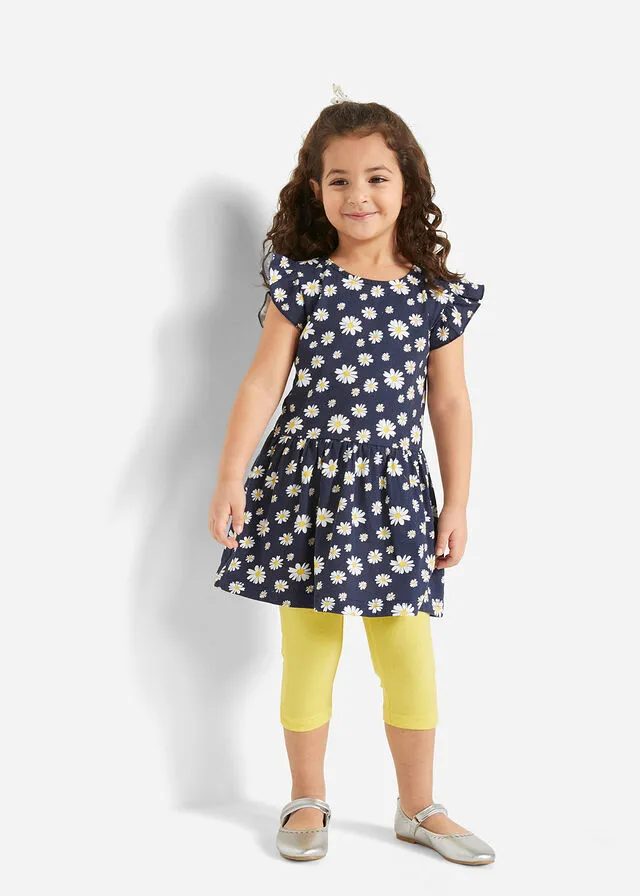 Vestido de punto para niñas + leggings ¾ (2 piezas) Azul marino/amarillo piña
