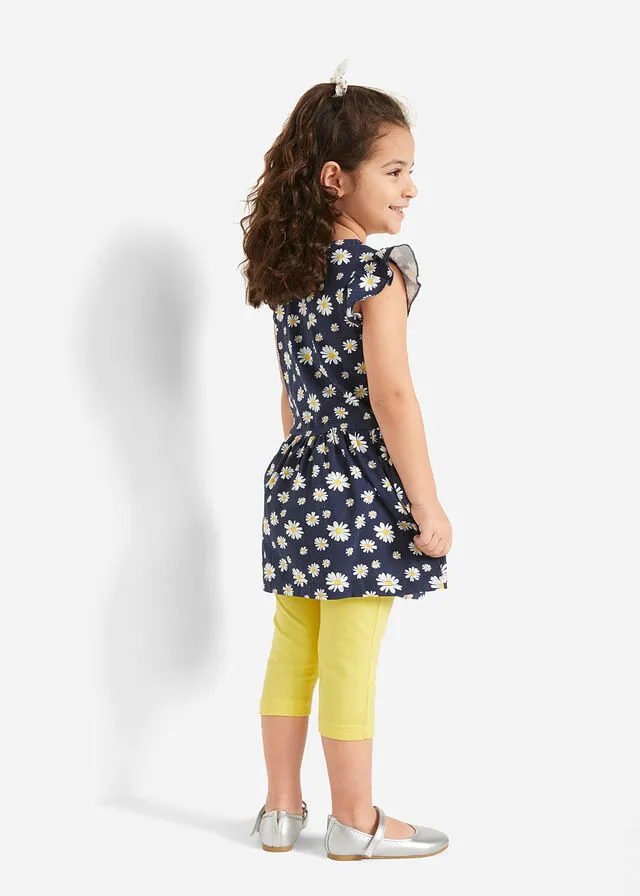 Vestido de punto para niñas + leggings ¾ (2 piezas) Azul marino/amarillo piña