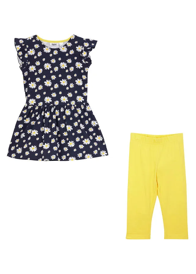 Vestido de punto para niñas + leggings ¾ (2 piezas) Azul marino/amarillo piña