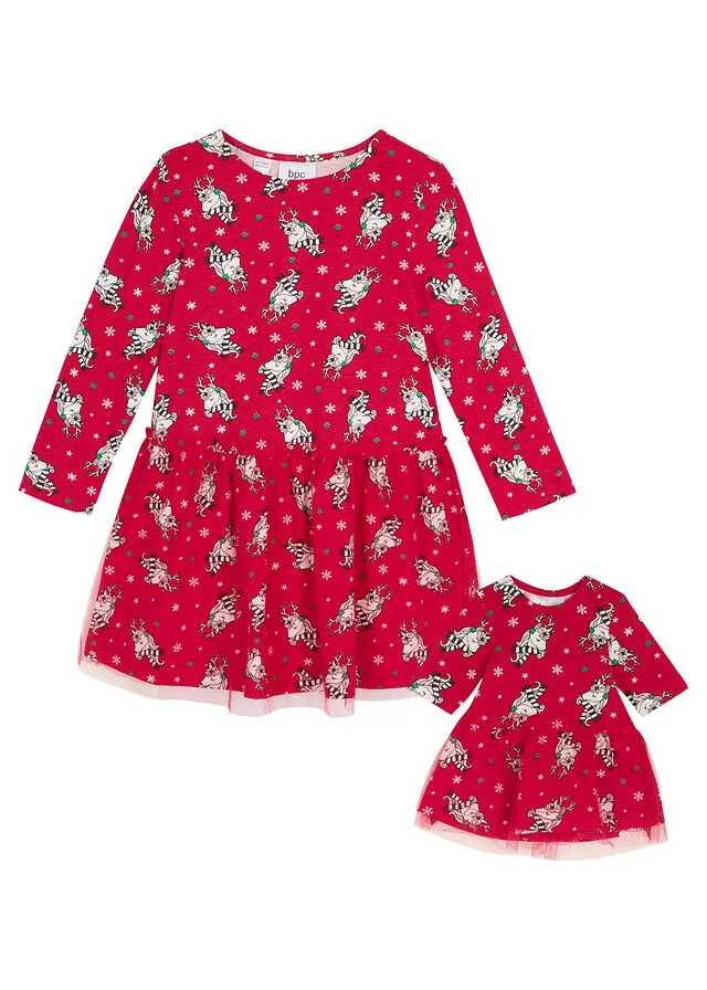 Vestido de punto para niñas + vestido para muñecas Rojo