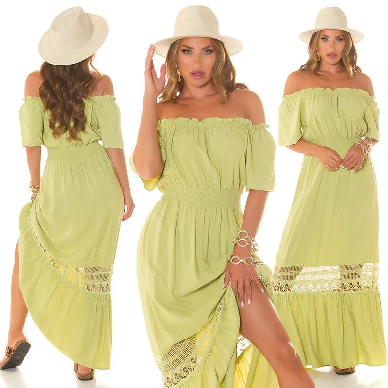 Vestido maxi y hombro descubierto verde