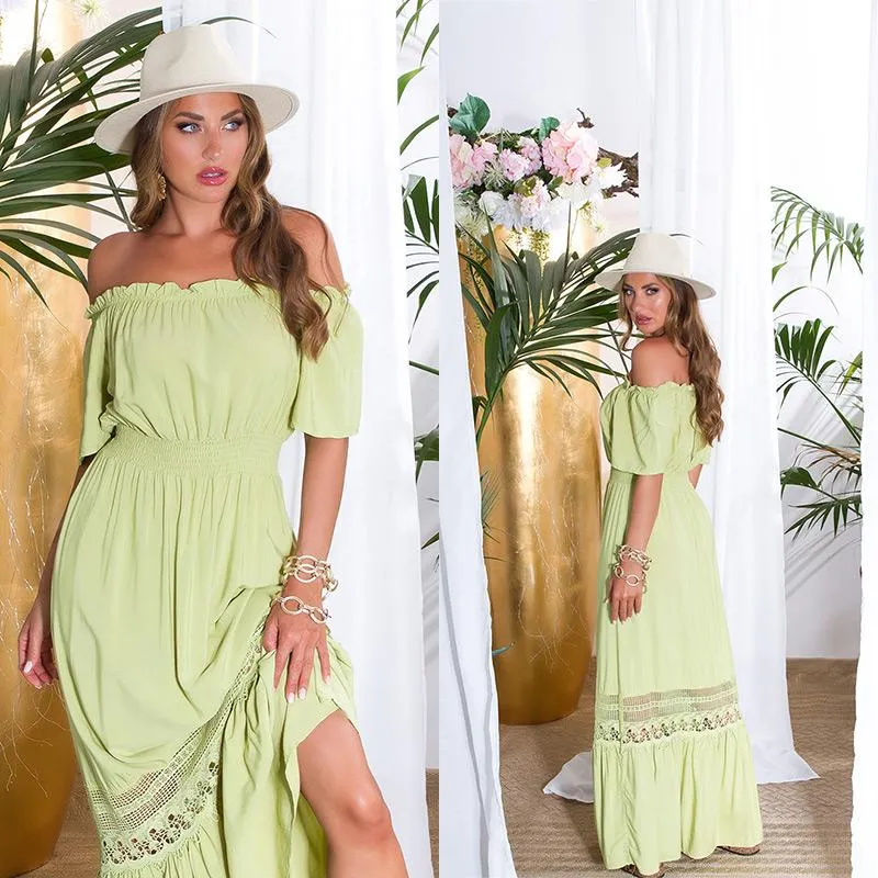 Vestido maxi y hombro descubierto verde