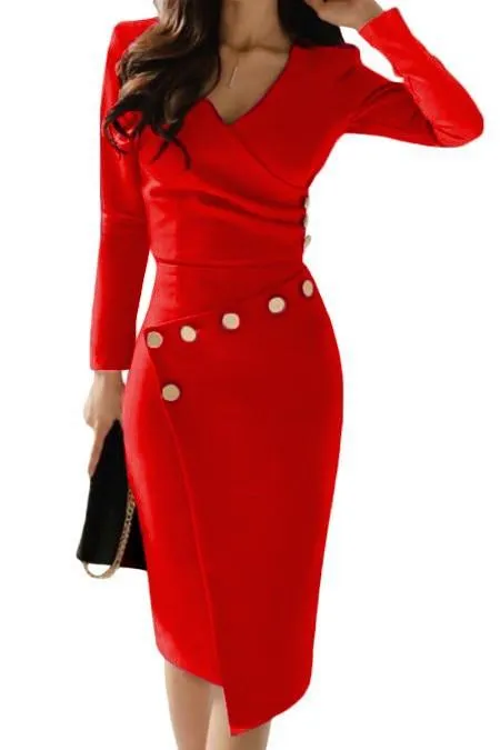VESTIDO MIDI ELEGANTE DE AJUSTE CEÑIDO Y FALDA CRUZADA CON BOTONES KARSYN, ROJO