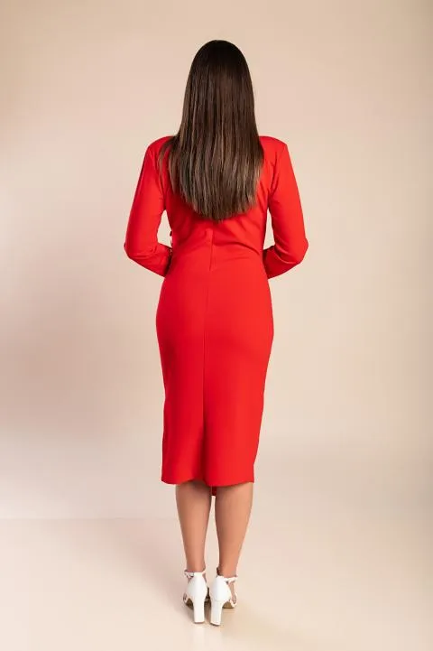 VESTIDO MIDI ELEGANTE DE AJUSTE CEÑIDO Y FALDA CRUZADA CON BOTONES KARSYN, ROJO