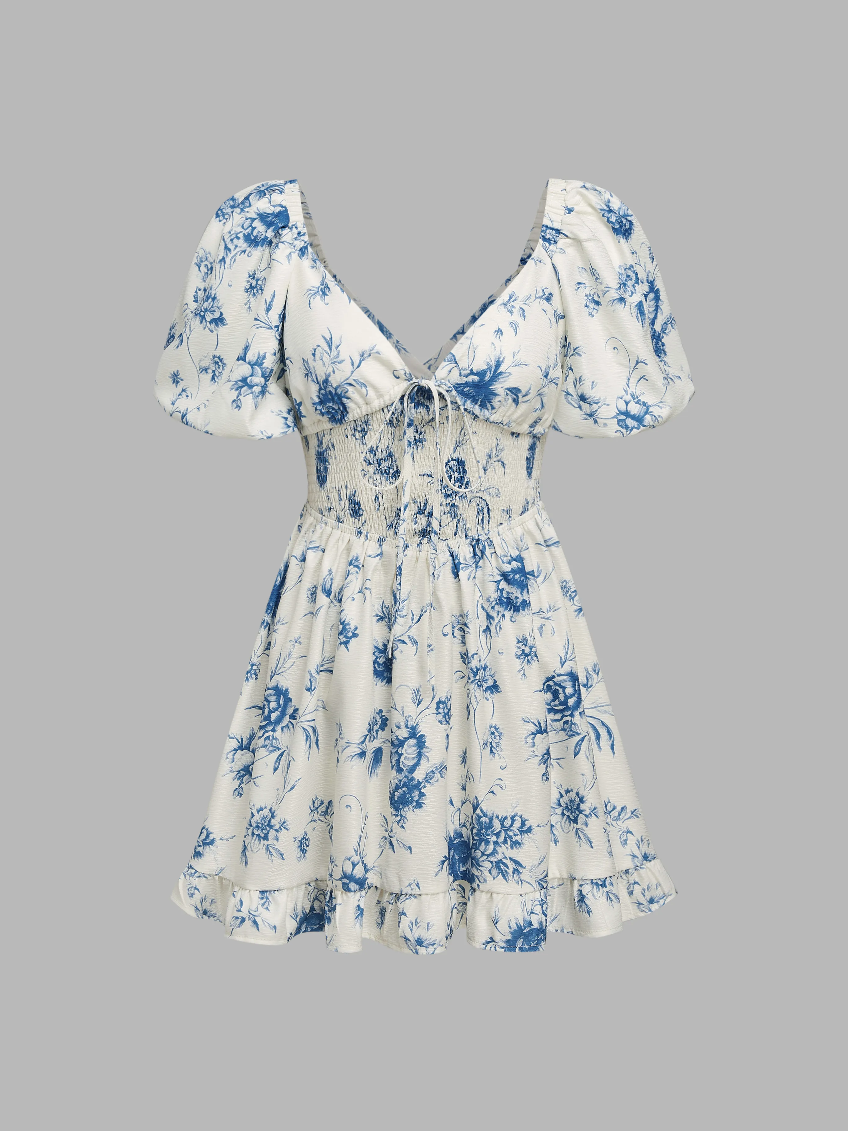 Vestido Mini Floral con Cuello en V, Nudo y Fruncido Santorini Playa Vacaciones
