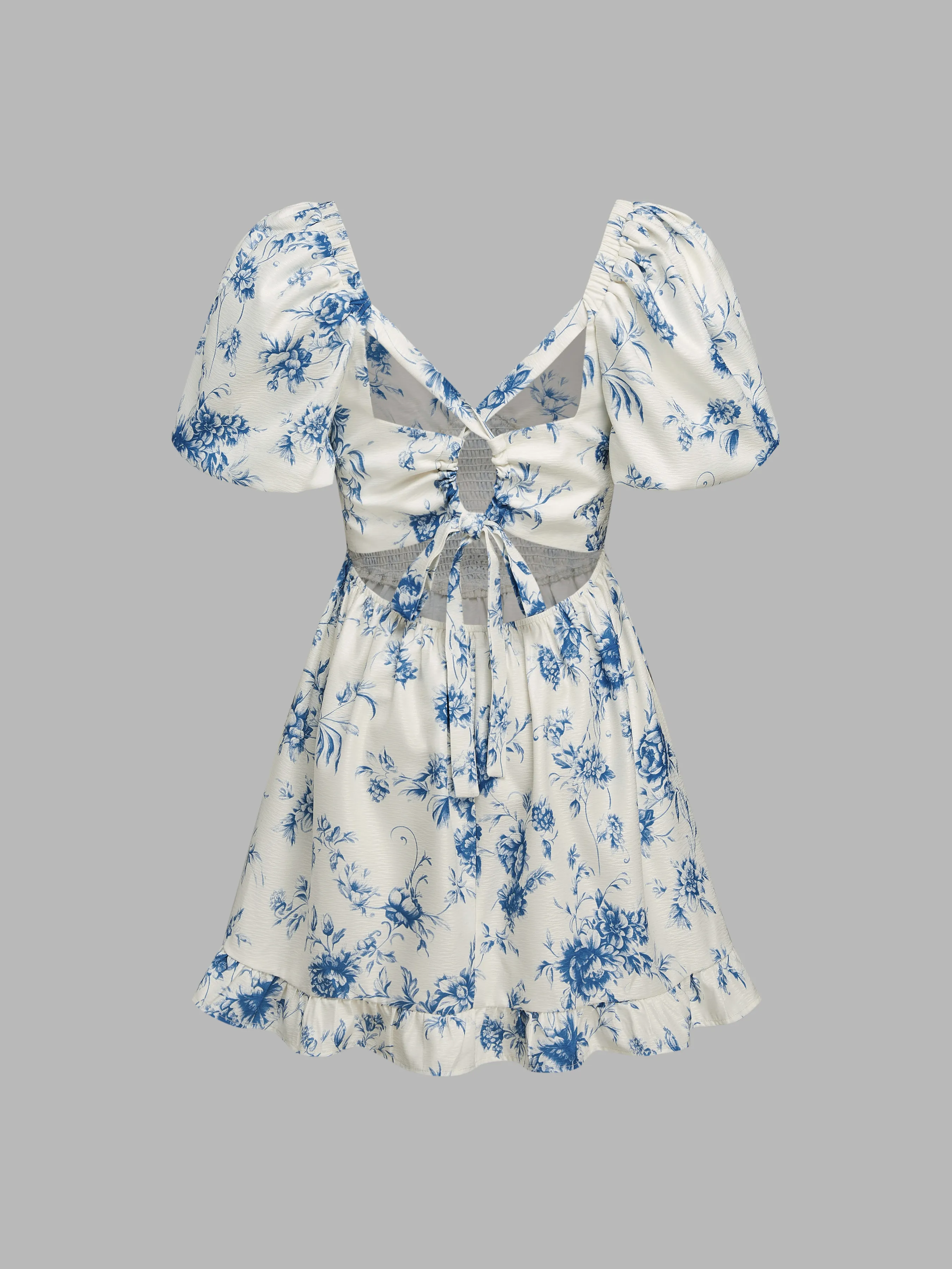 Vestido Mini Floral con Cuello en V, Nudo y Fruncido Santorini Playa Vacaciones