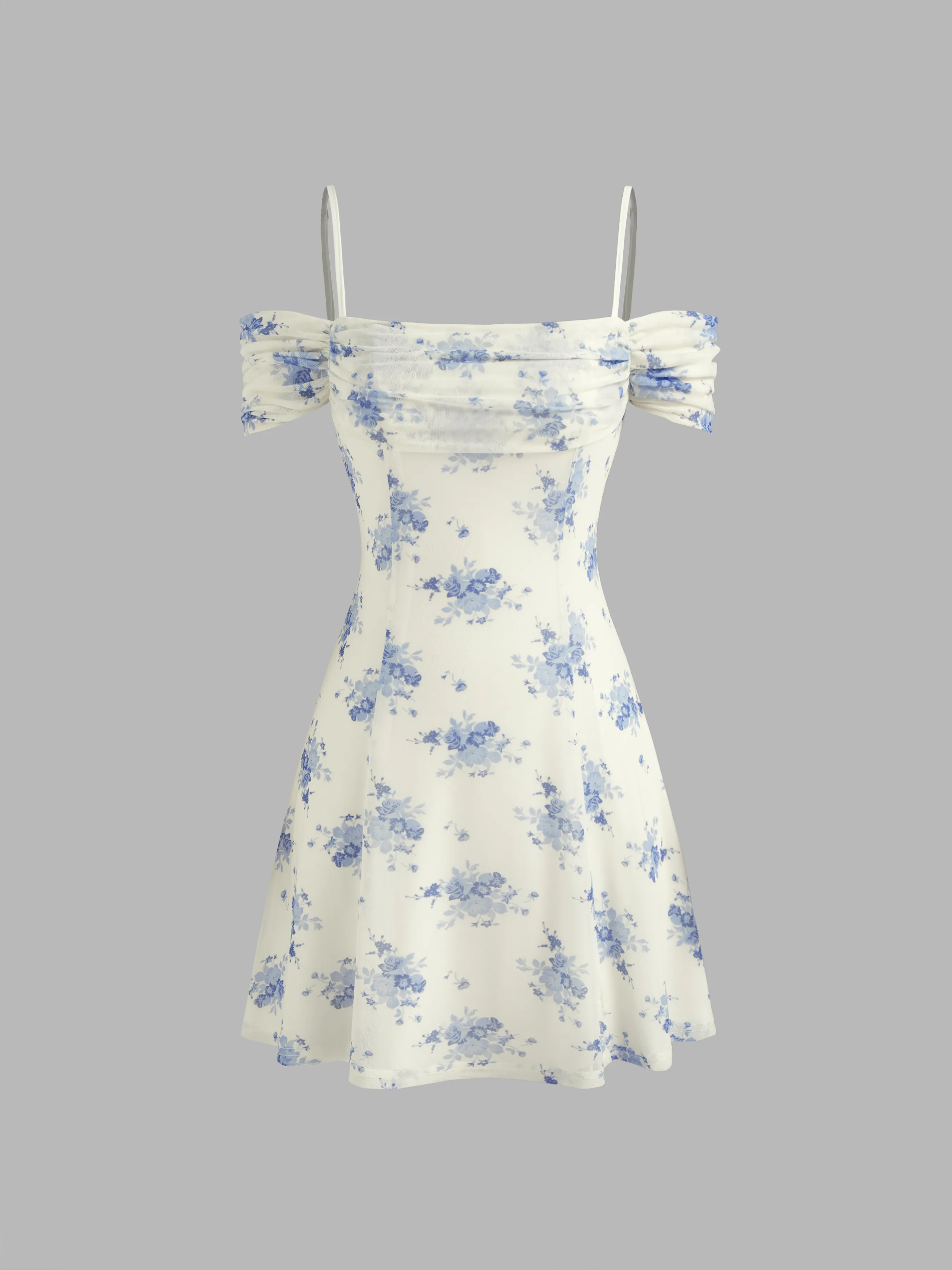 Vestido Mini Floral con Lazo Extraíble y Hombros Descubiertos para Vacaciones en la Playa de Santorini