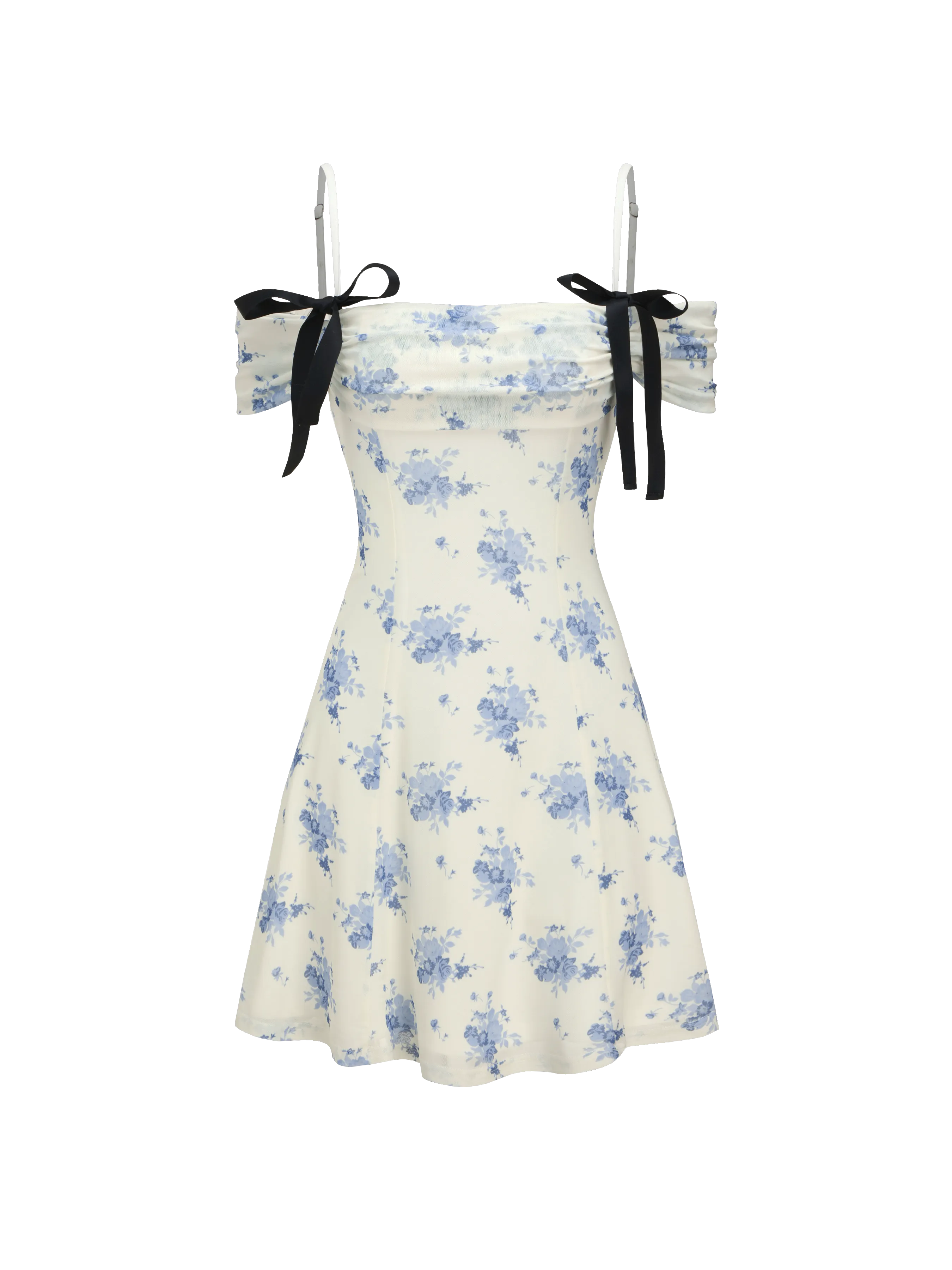 Vestido Mini Floral con Lazo Extraíble y Hombros Descubiertos para Vacaciones en la Playa de Santorini