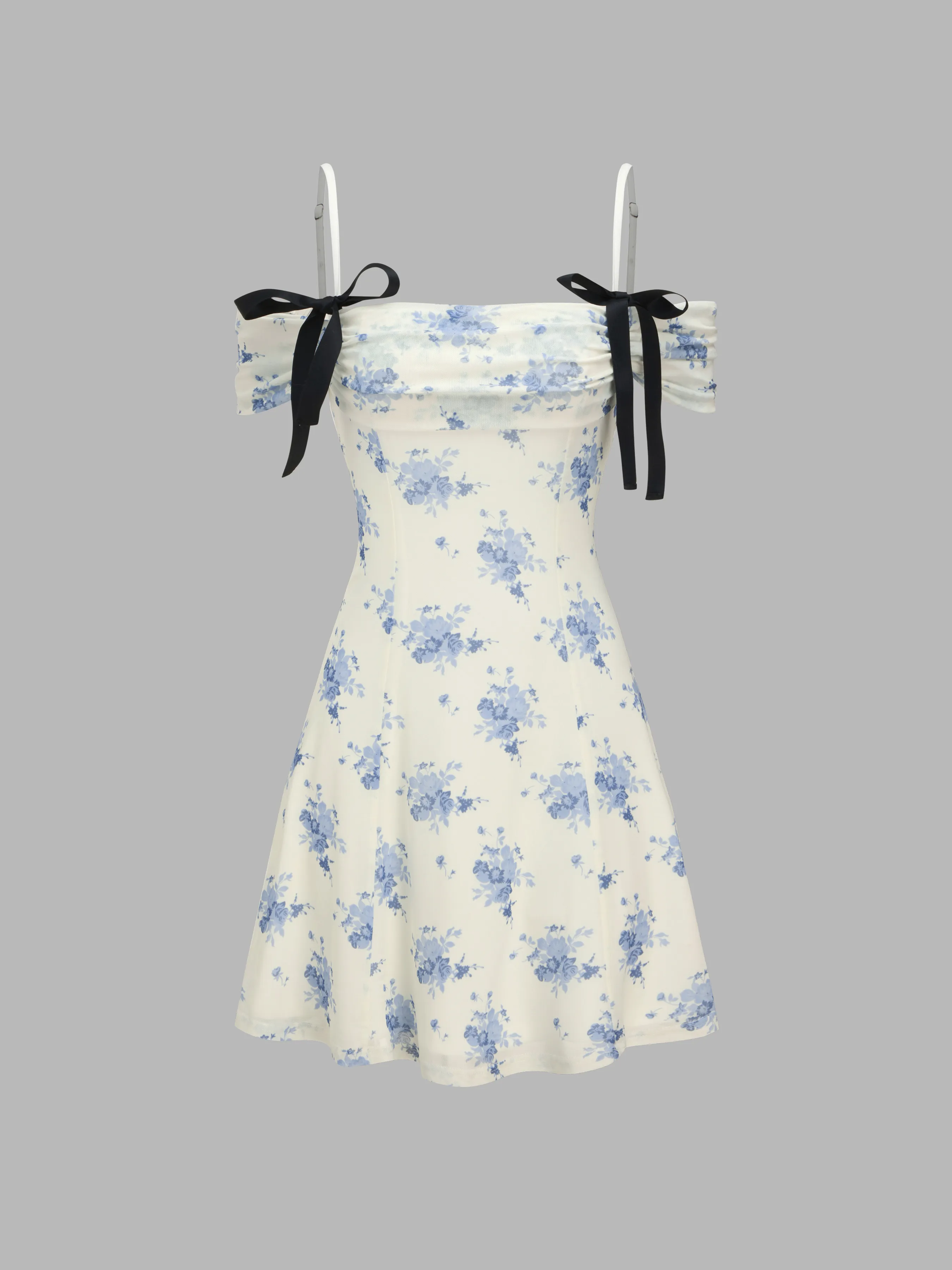 Vestido Mini Floral con Lazo Extraíble y Hombros Descubiertos para Vacaciones en la Playa de Santorini