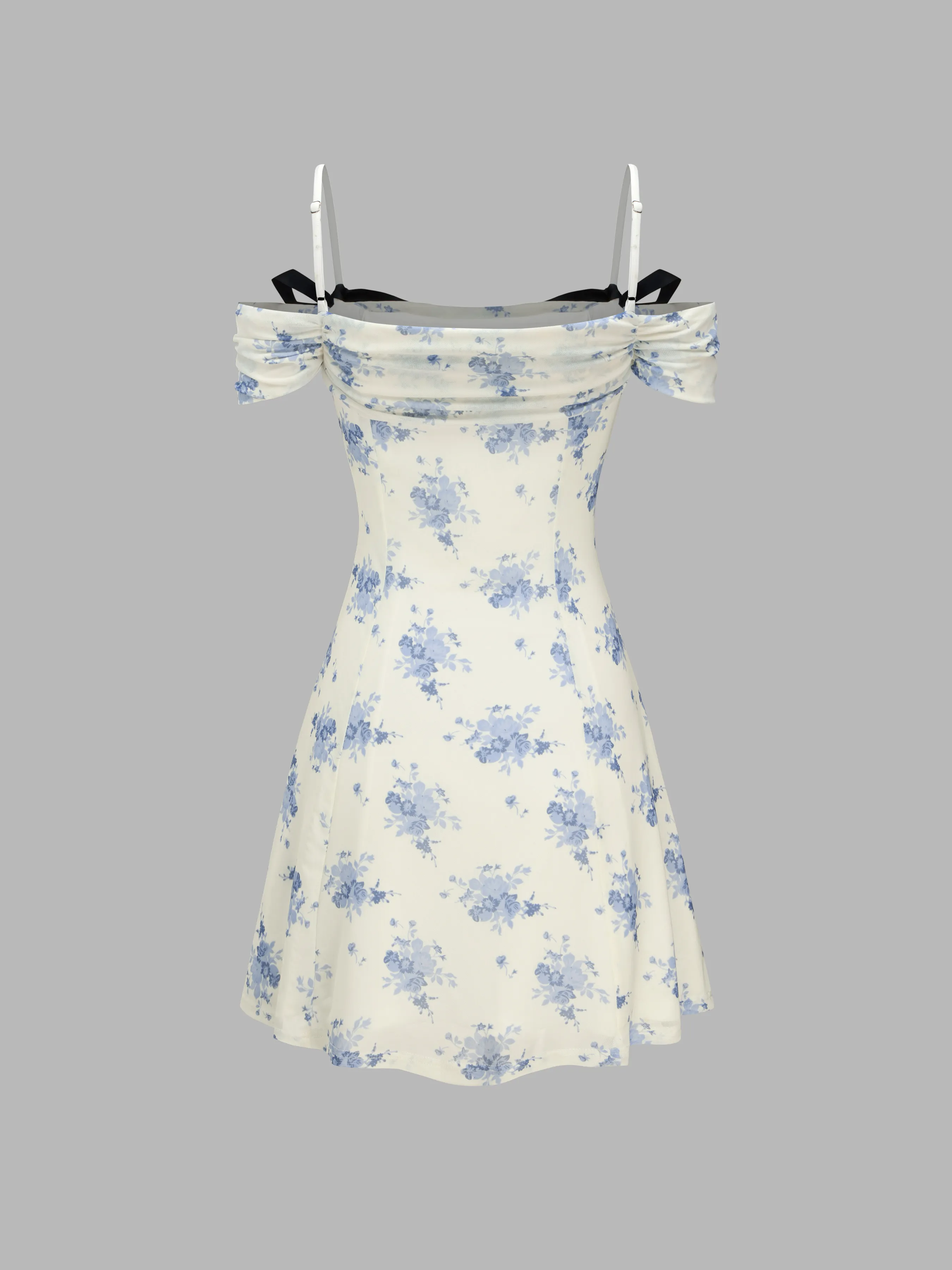 Vestido Mini Floral con Lazo Extraíble y Hombros Descubiertos para Vacaciones en la Playa de Santorini