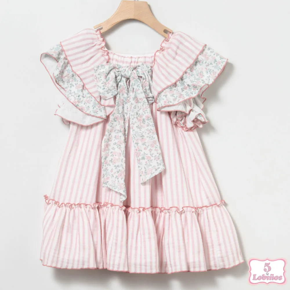VESTIDO NIÑA RAYAS FLORAL ROSA Coco Acqua